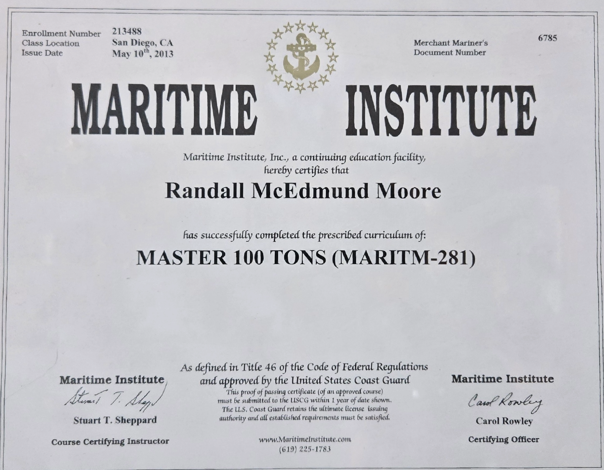 Maritime Institute Master 100 Tons Certificate